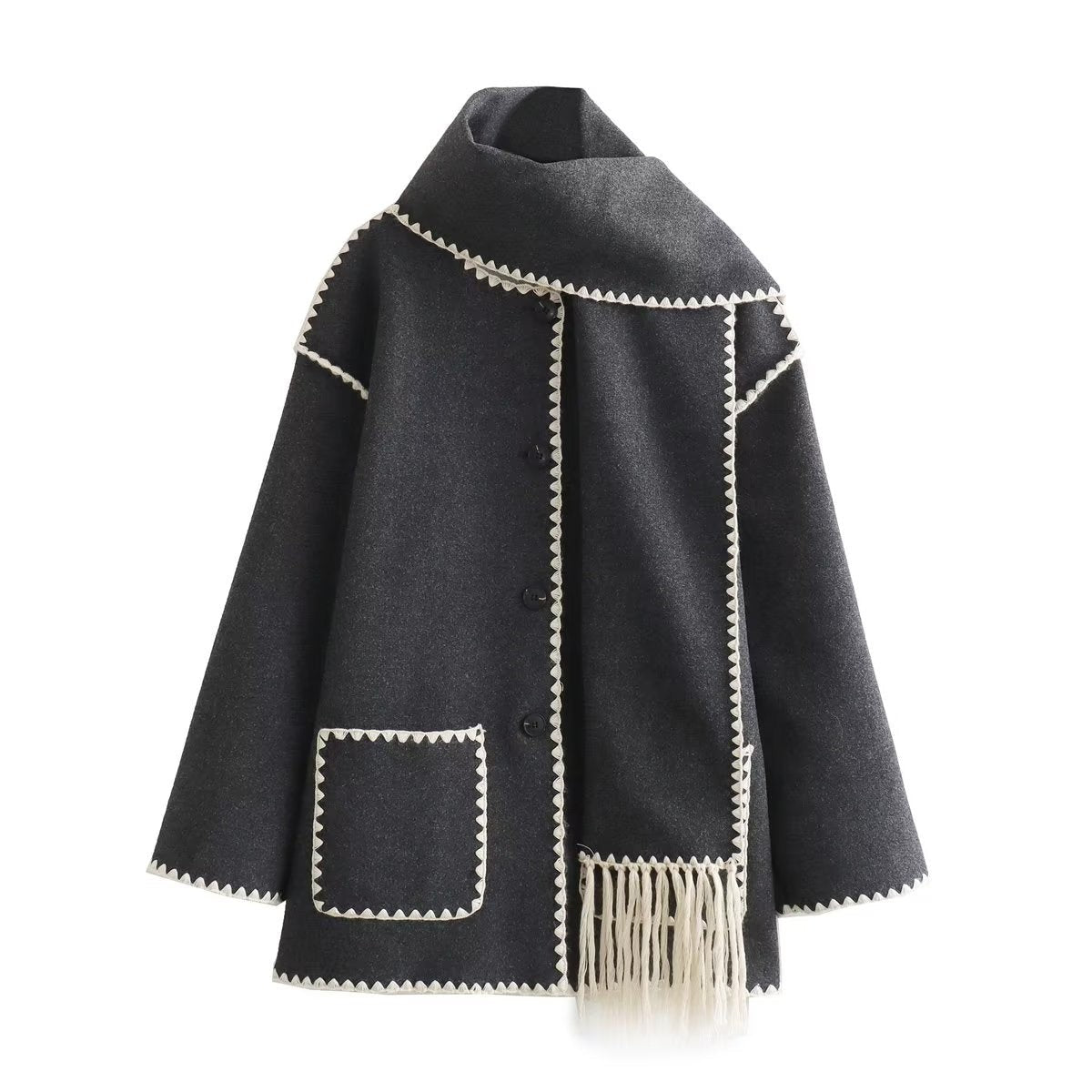 Gray vintage stitching coat with white trim and fringe, perfect for vintage stitching woolen fashion