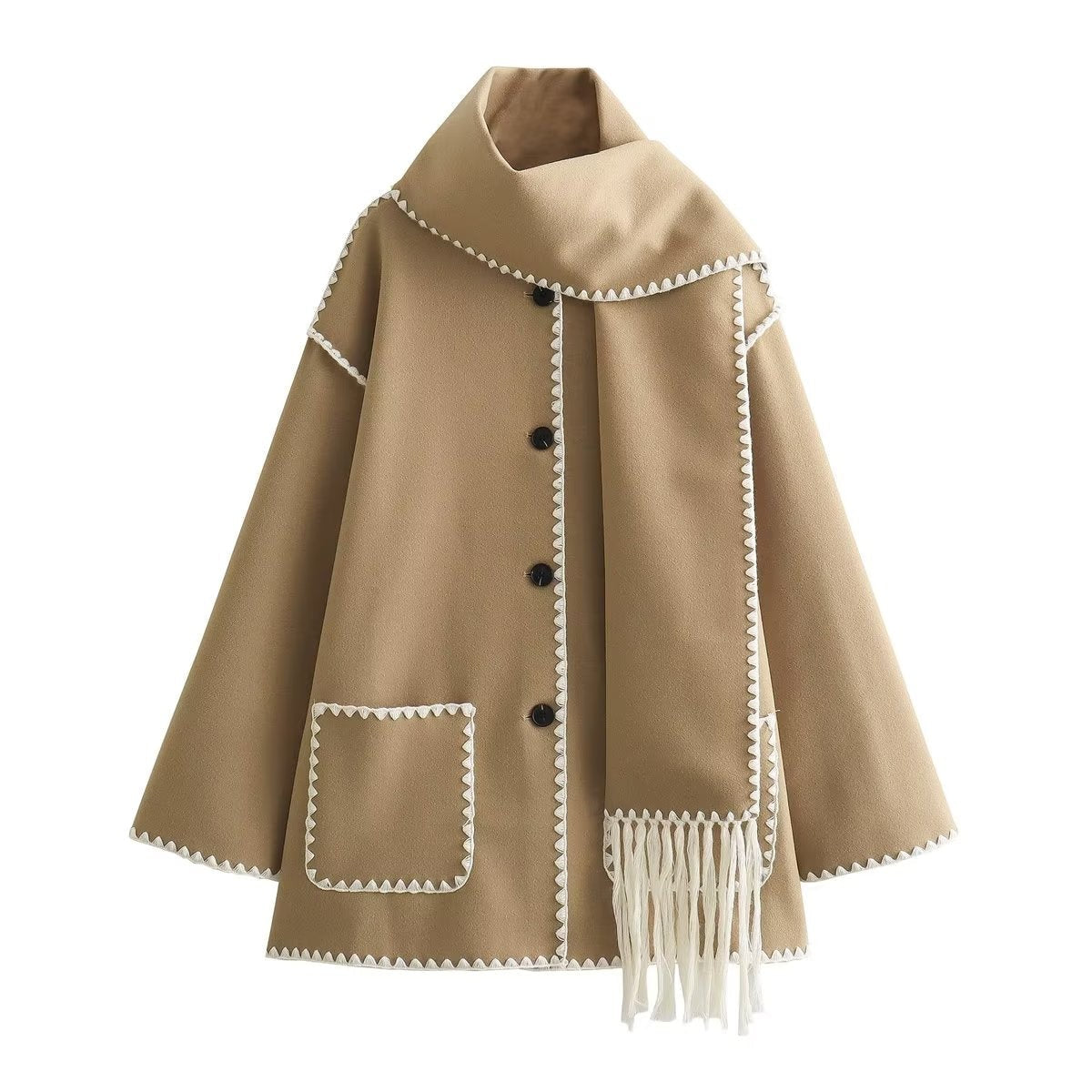 Vintage stitching coat featuring tan woolen design with white trim and matching scarf