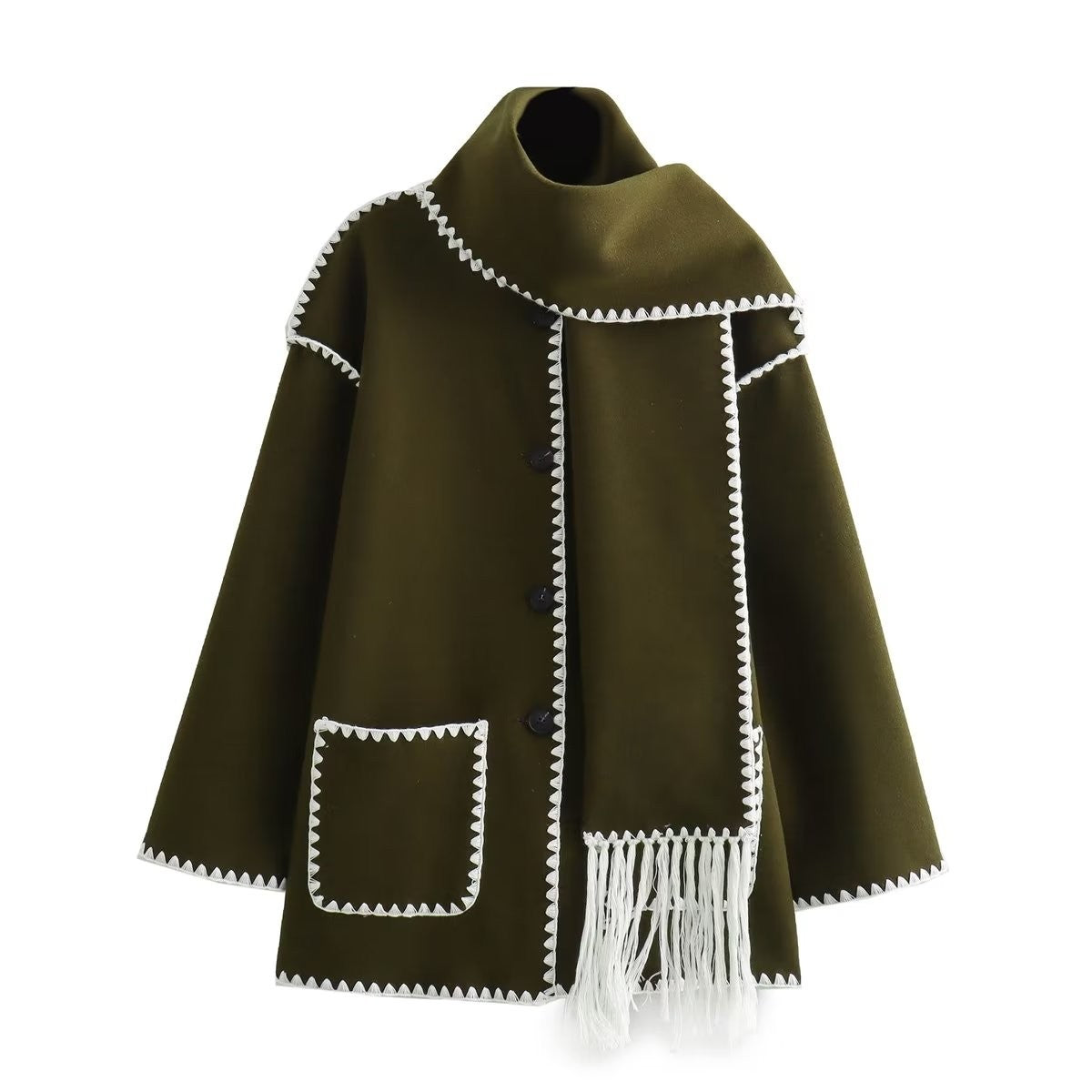 Olive green vintage stitching coat with white trim and fringe, stylish woolen outerwear