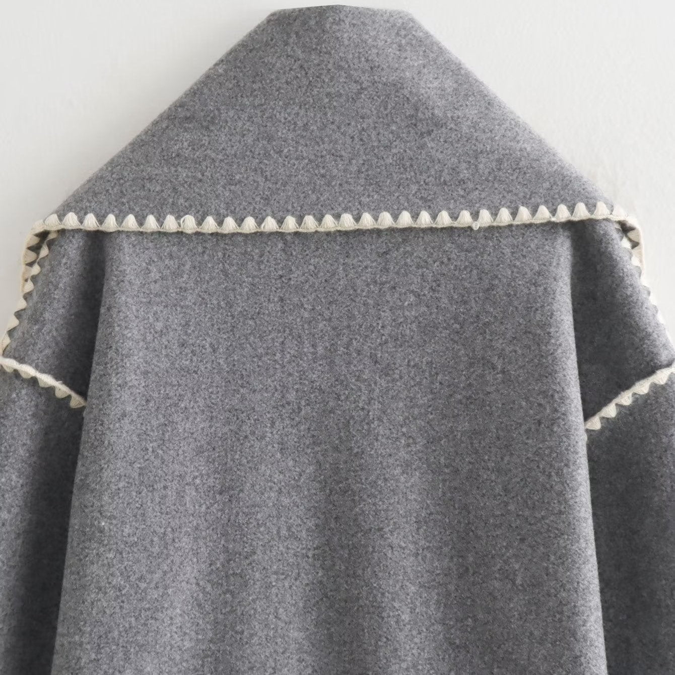 Gray wool cape with white trim from VINTAGE STITCHING COAT, a vintage stitching woolen coat