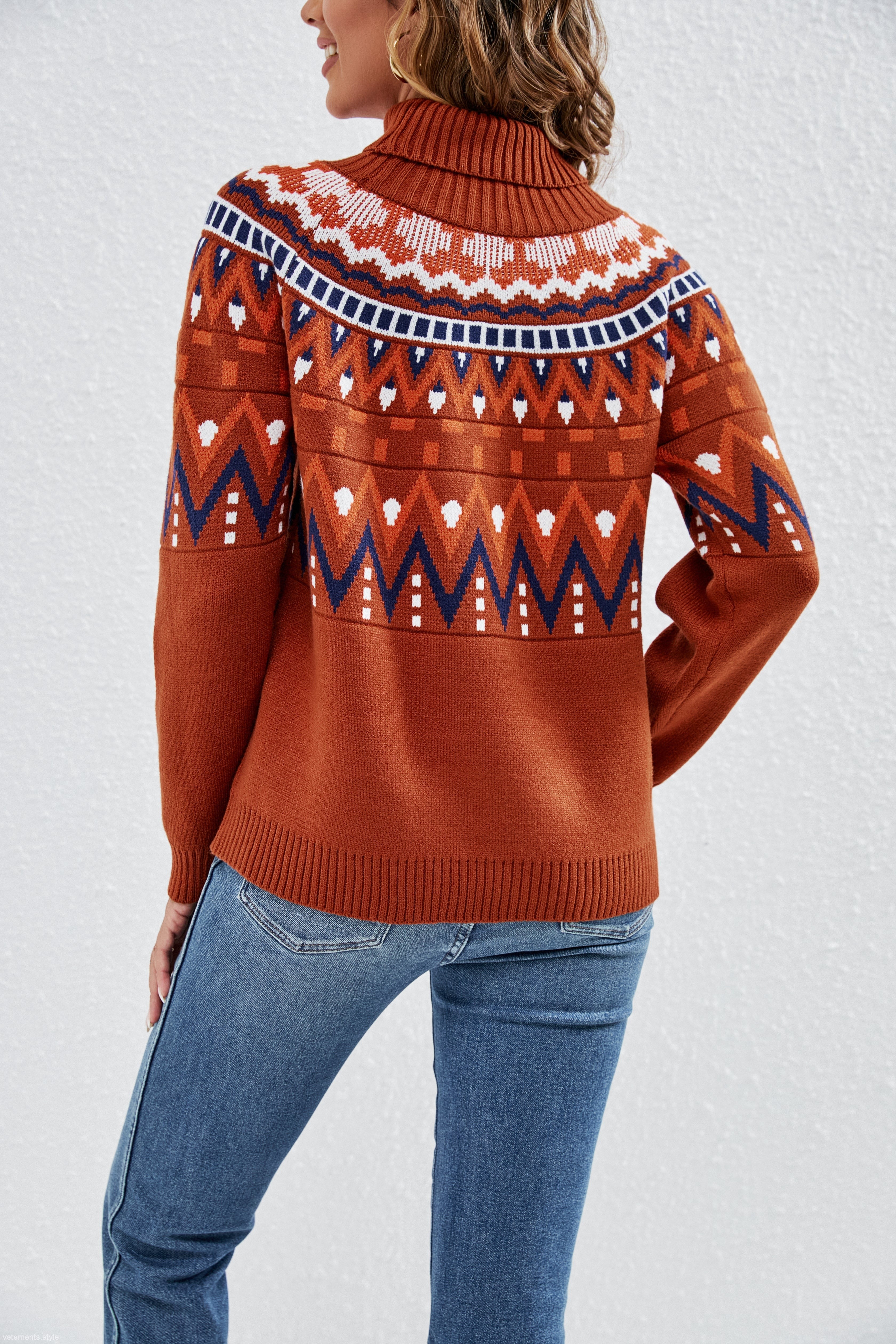 Rust-colored coral red turtleneck sweater with geometric jacquard retro contrast patterns