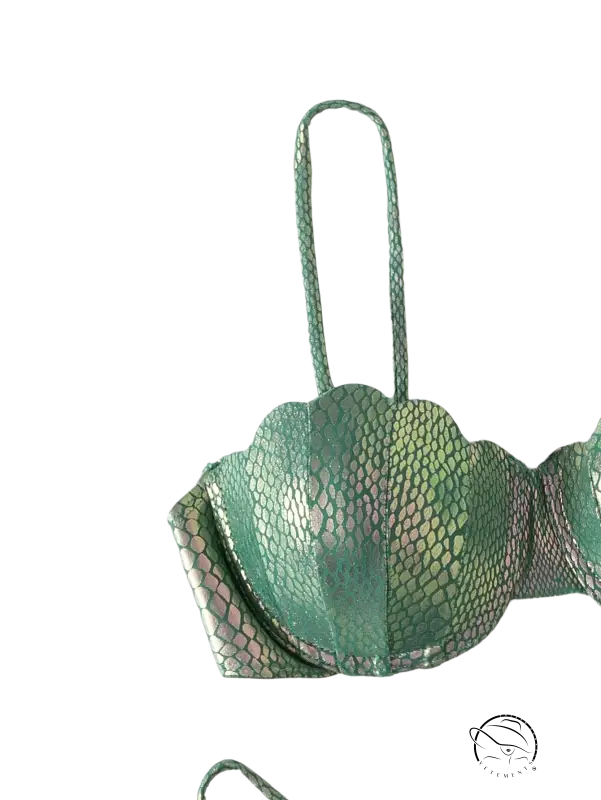 Emerald green snakeskin-textured seashell bikini top by Langry