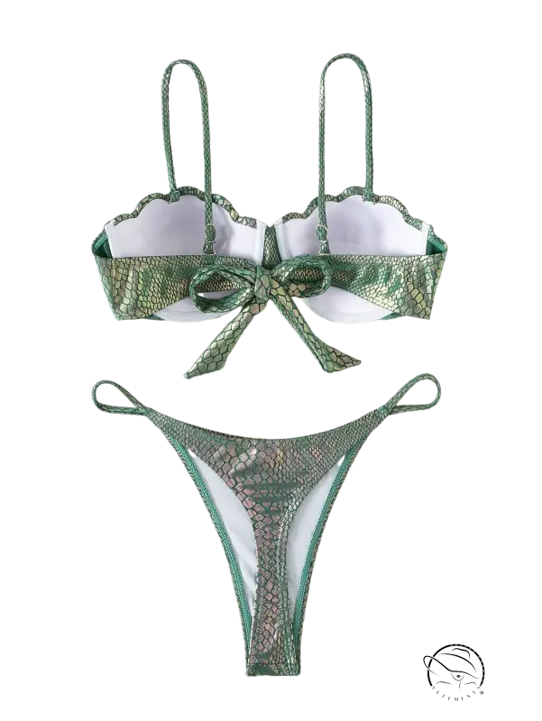 Seashells sexy bikini in green snake-scale pattern with white lining