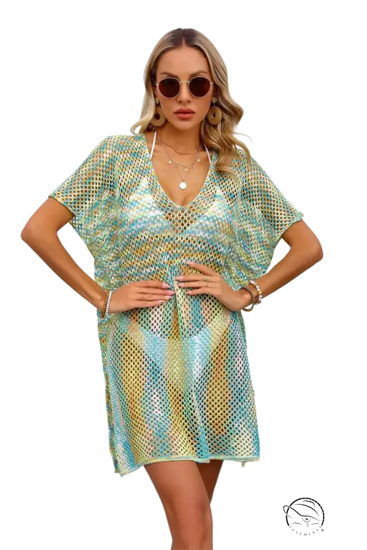 Vibrant summer rainbow stitching blouse with multi-colored mesh, v-neck, short sleeves