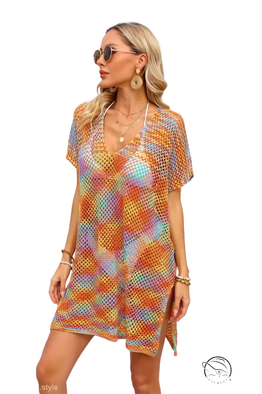 Vibrant multicolored summer rainbow stitching blouse with loose fit and short sleeves