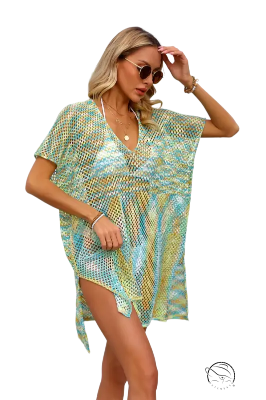 Vibrant beach cover-up blouse in summer rainbow stitching with turquoise and yellow hues