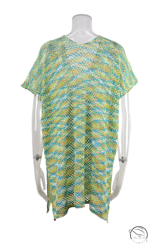 Vetements-style green blue gradient mesh knit blouse summer rainbow stitching