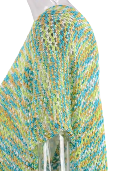 Vibrant knitted shawl in turquoise, lime green, yellow stripes for summer rainbow stitching blouse