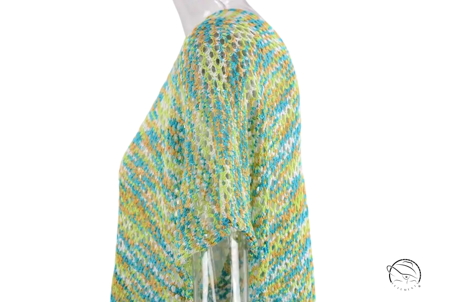 Vibrant knitted shawl in turquoise, lime green, yellow stripes for summer rainbow stitching blouse