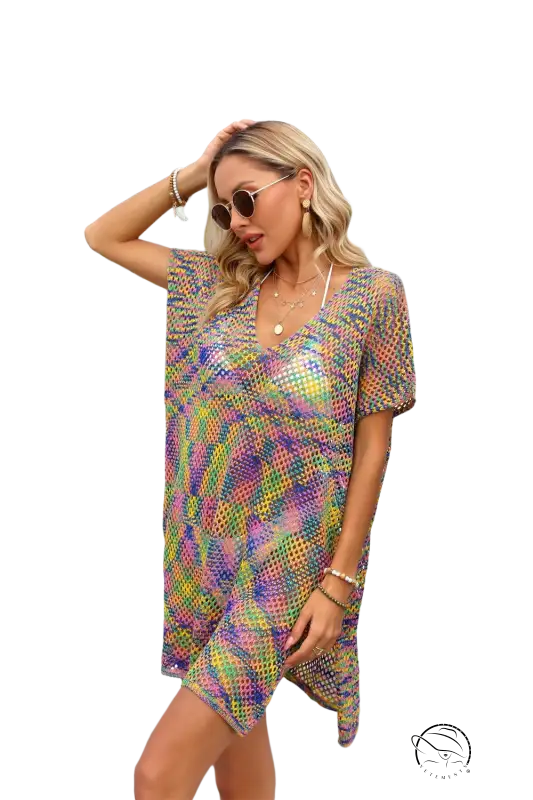 Vibrant multicolored summer rainbow stitching blouse with V-neck and short sleeves