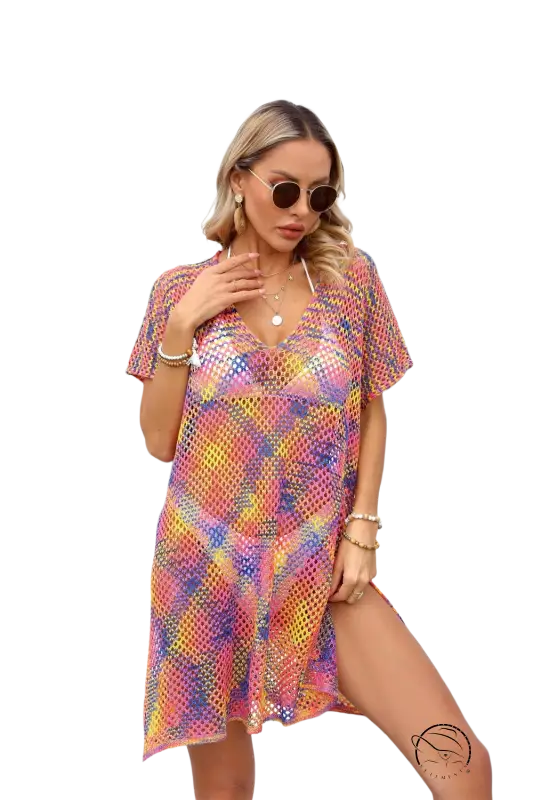 Vibrant multicolored mesh blouse summer rainbow stitching with v-neck and short sleeves
