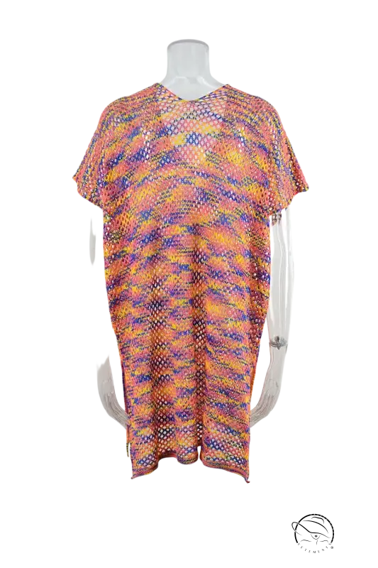 Vibrant orange purple summer rainbow stitching blouse with v-neckline