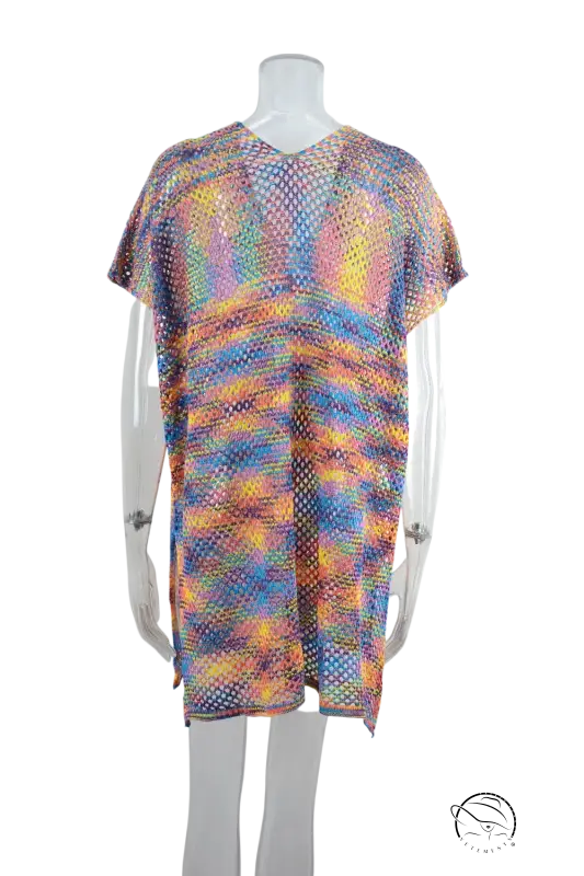 Vibrant multicolored blouse summer rainbow stitching with loose flowing silhouette