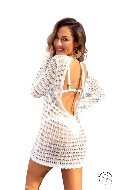 White summer beach blouse: crochet mini dress with open back and long sleeve length