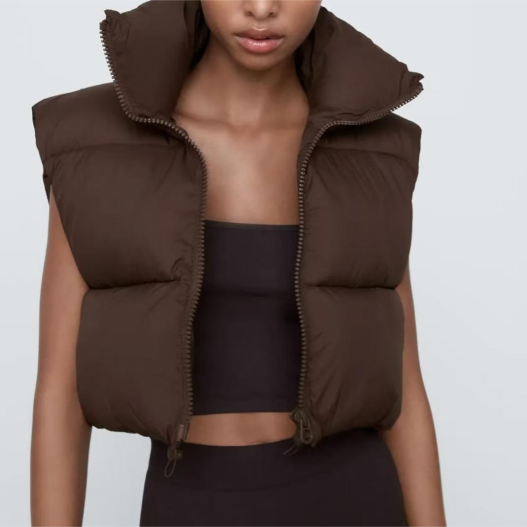 Langry fashion brown puffer vest with zipper and high collar