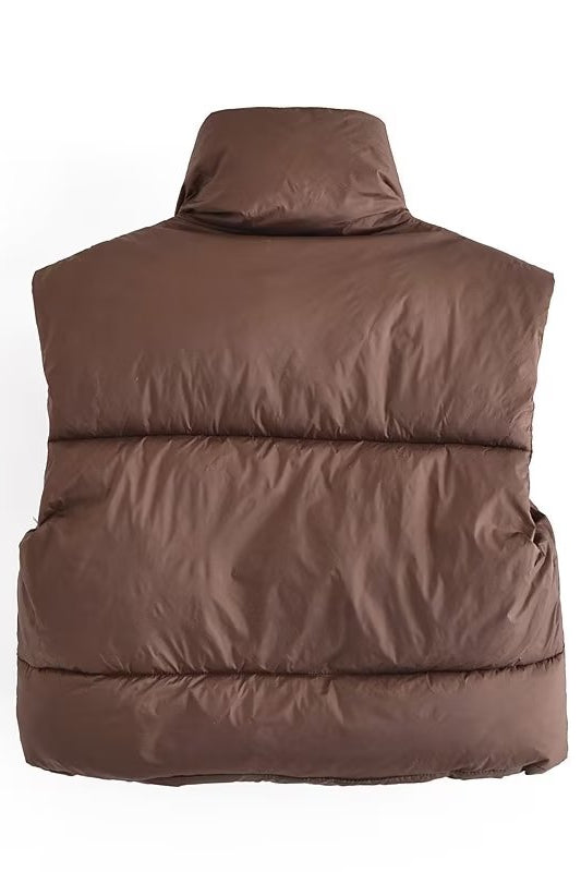 Langry fashion brown puffer vest with high collar and pocket detail