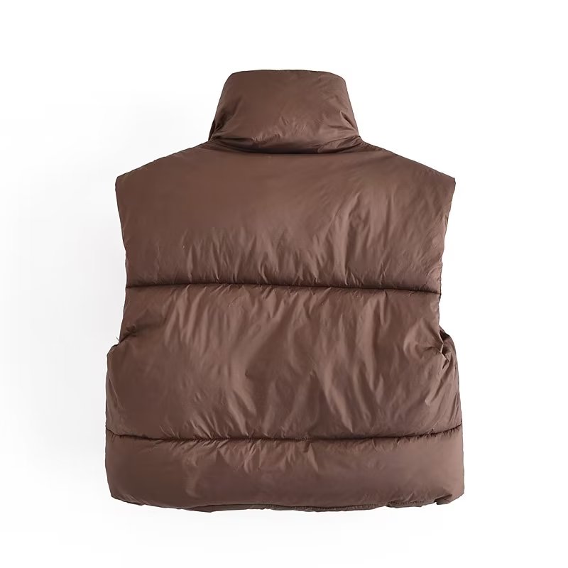 Langry fashion brown puffer vest with high collar and pocket detail