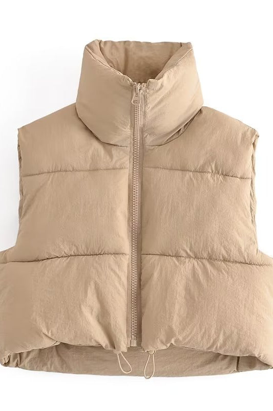 Langry fashion beige puffer vest with zipper and drawstring hem