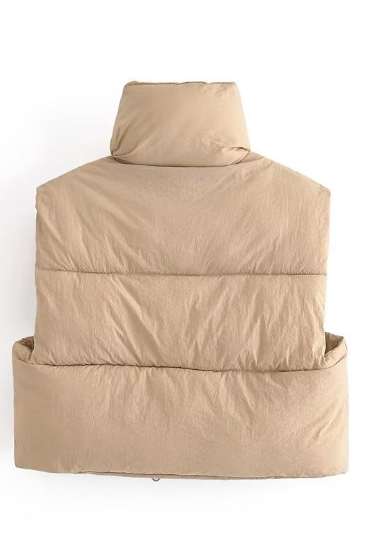 Langry beige puffer vest with high collar and zipper, casual fashion ملابس