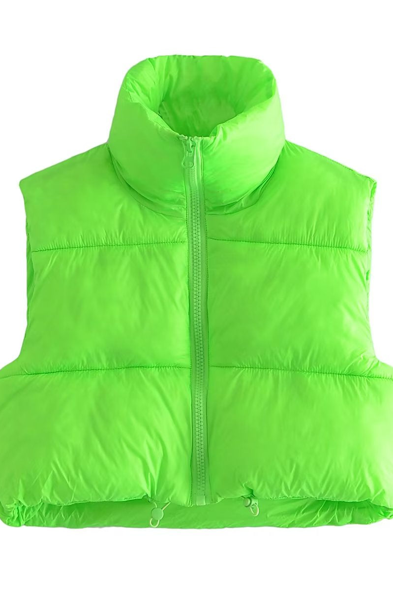 Langry neon green fashion puffer vest with zipper and collar