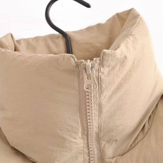 Langry beige puffer jacket vest with hood and zipper on hanger
