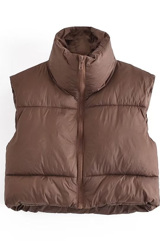 Brown langry fashion puffer vest with zipper and collar
