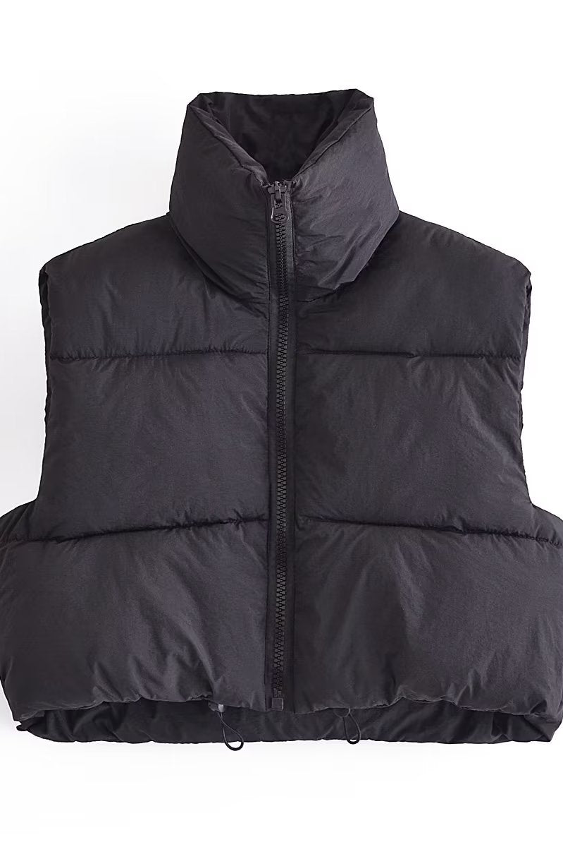 Langry black hooded puffer vest in casual cotton padded fashion