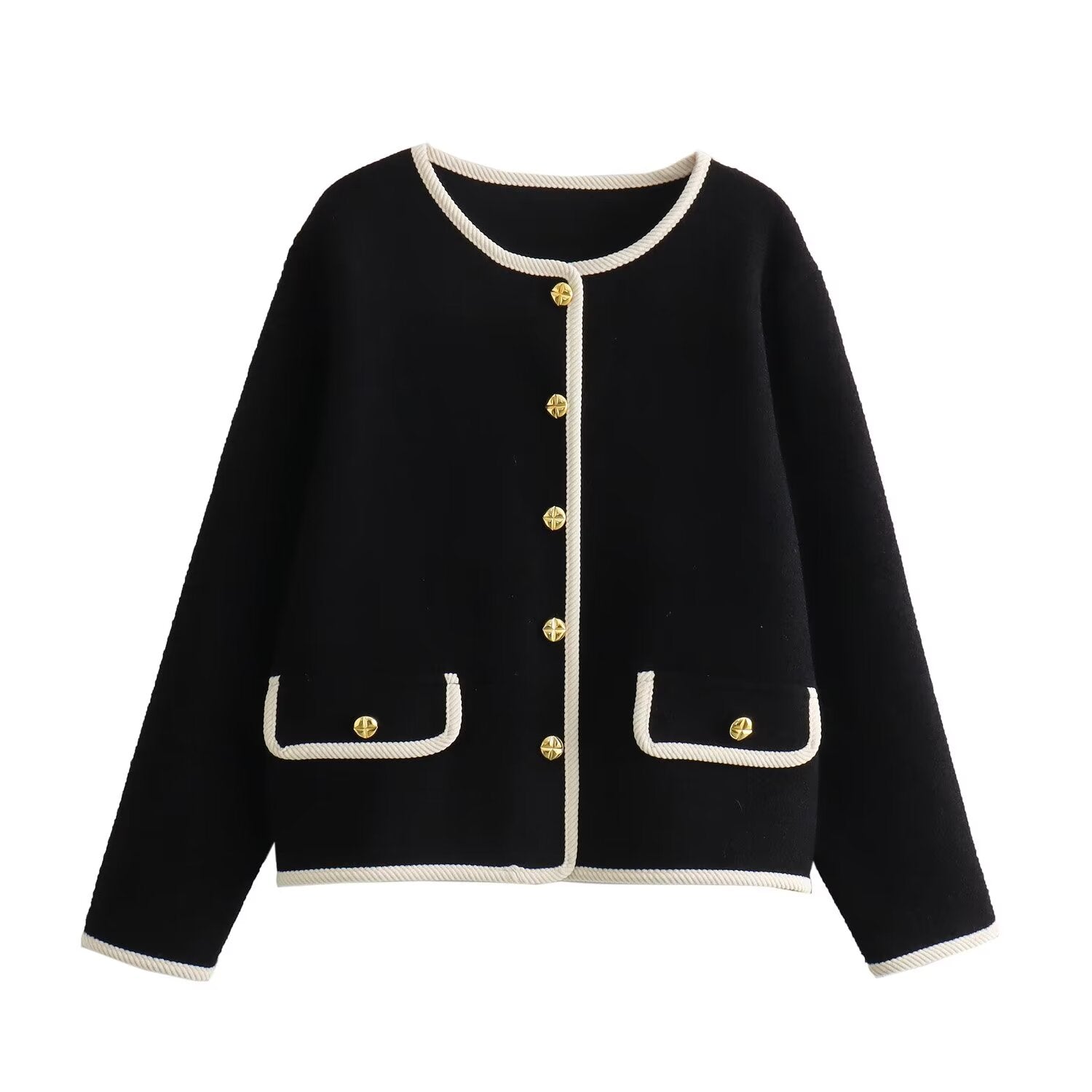 Classic langry black and white velvet cardigan with gold buttons