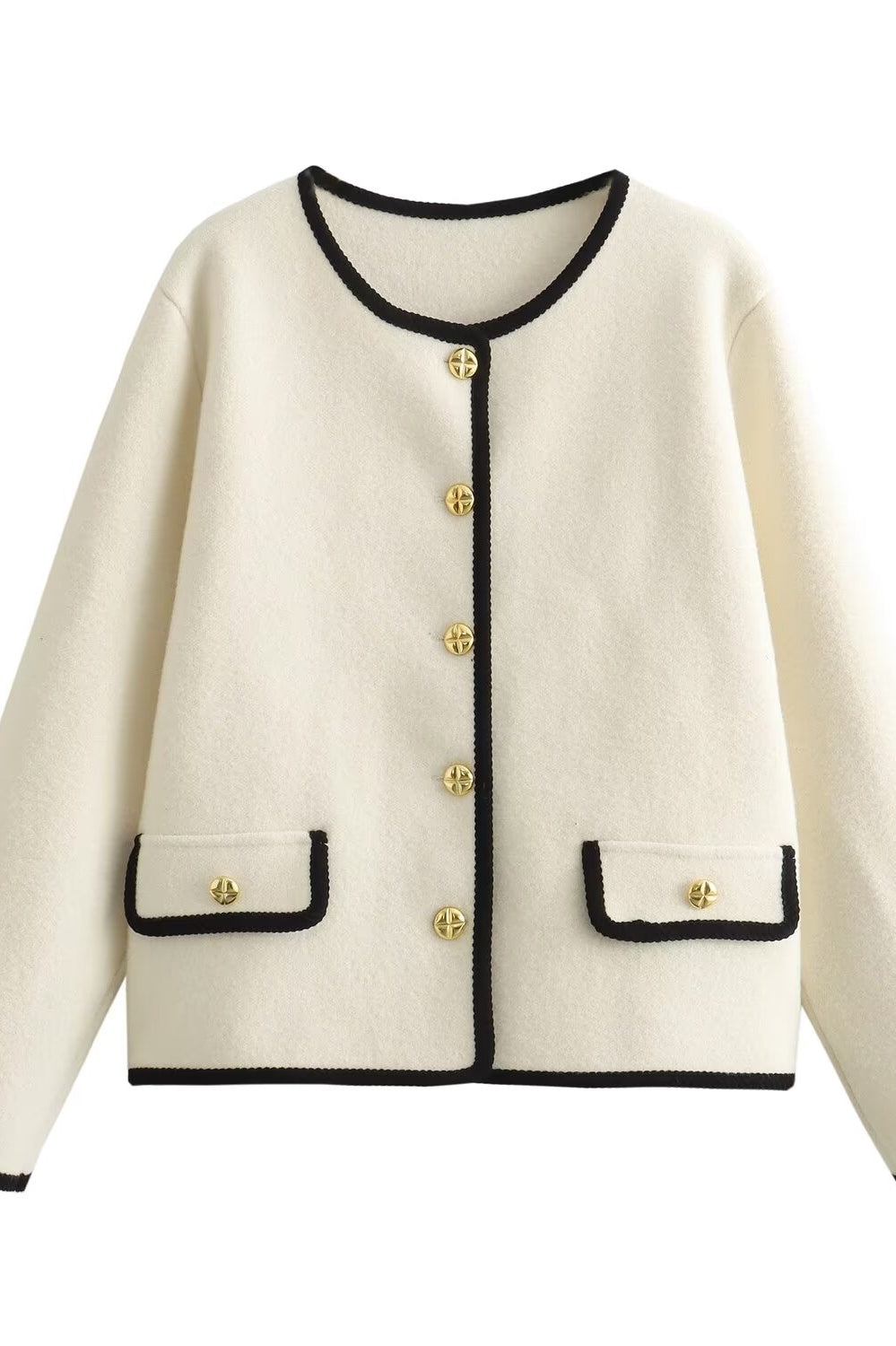 Langry fashion cream tweed jacket with black trim and gold buttons
