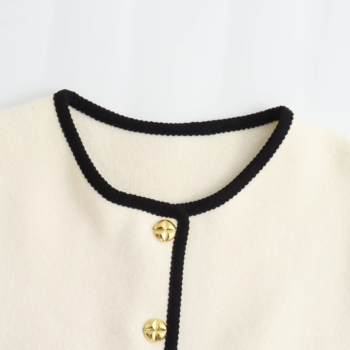 Langry fashion cream and black velvet knitted coat with gold buttons