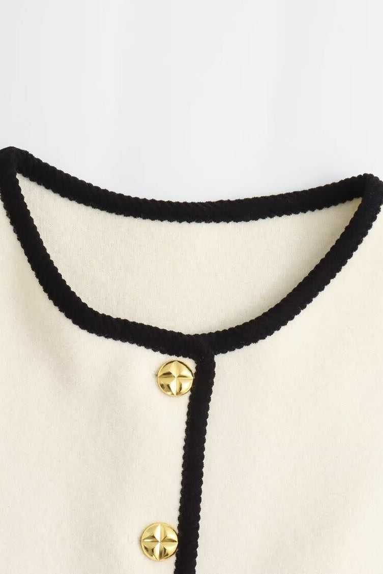 Langry fashion cream and black velvet knitted coat with gold buttons