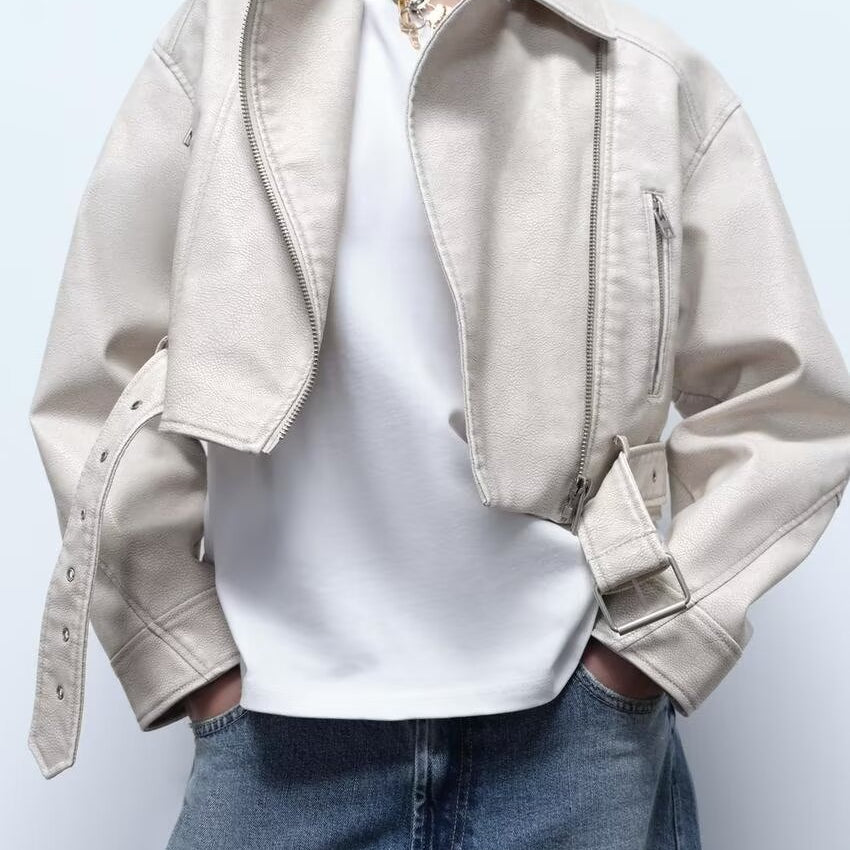 Retro washed faux leather jacket in beige with zipper details