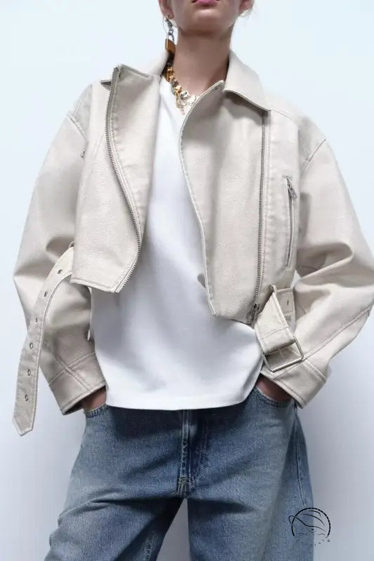 Retro washed faux leather jacket in beige with zipper details