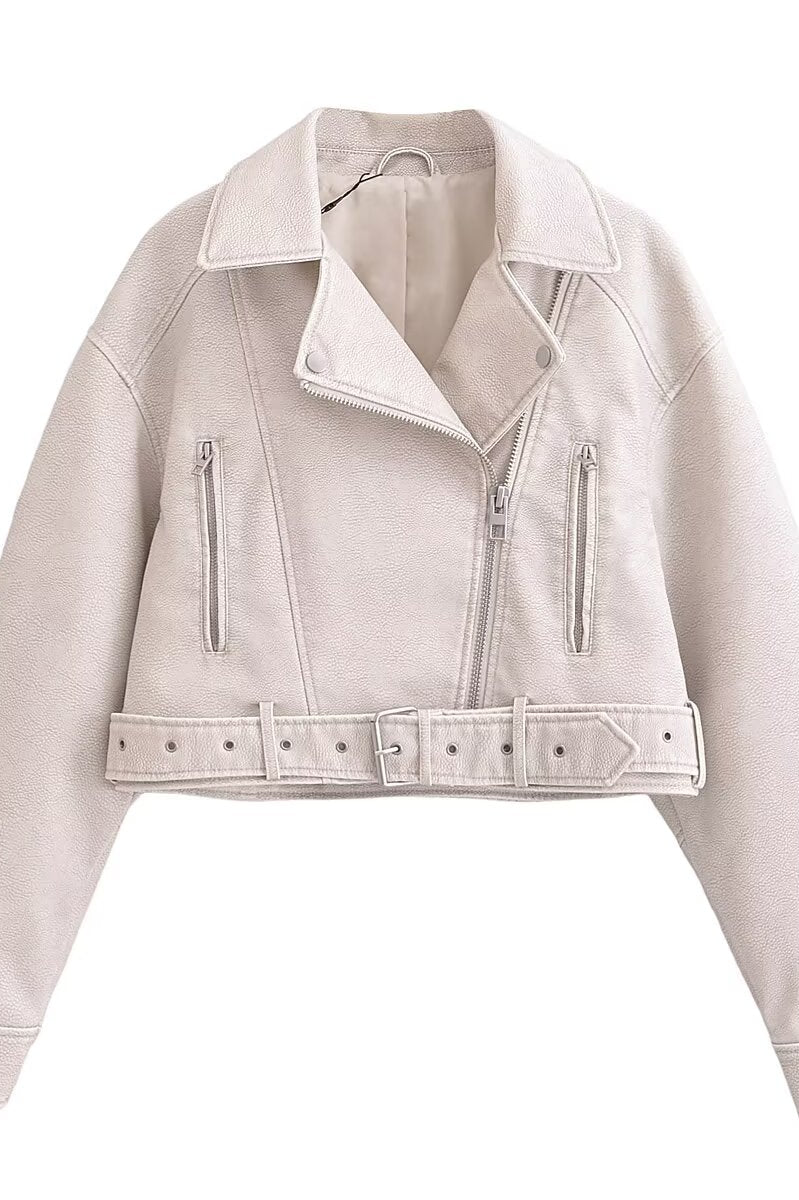 White Retro Washed Faux Leather Jacket with Cropped Fit and Silver Hardware