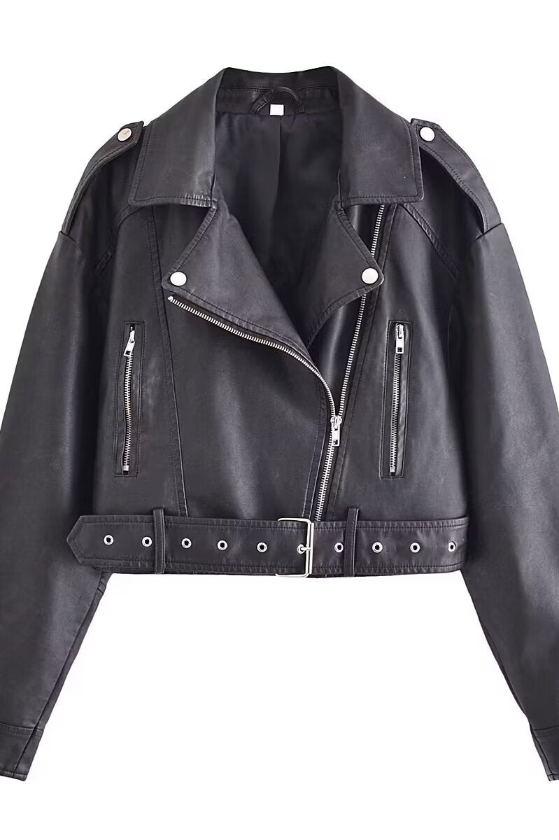 Retro washed faux leather jacket in black with silver hardware