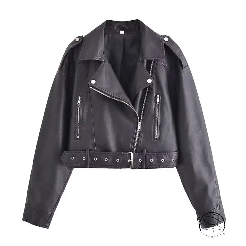 Retro faux leather jacket in black with silver hardware and cropped design
