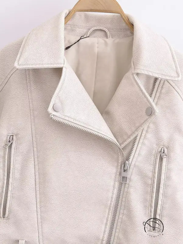 Retro washed faux leather jacket in cream with silver zippers and snaps