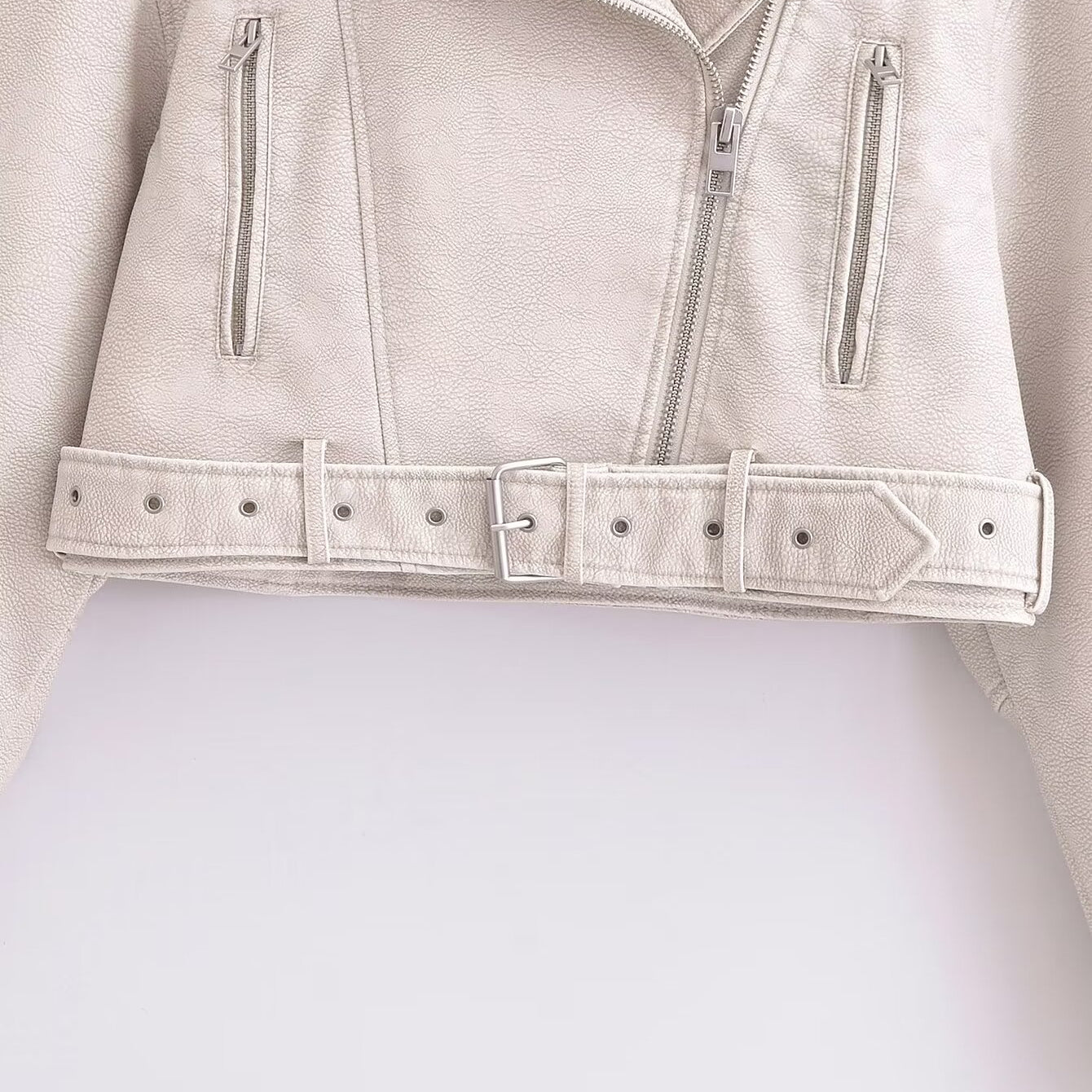 Retro washed faux leather jacket in cream with silver hardware