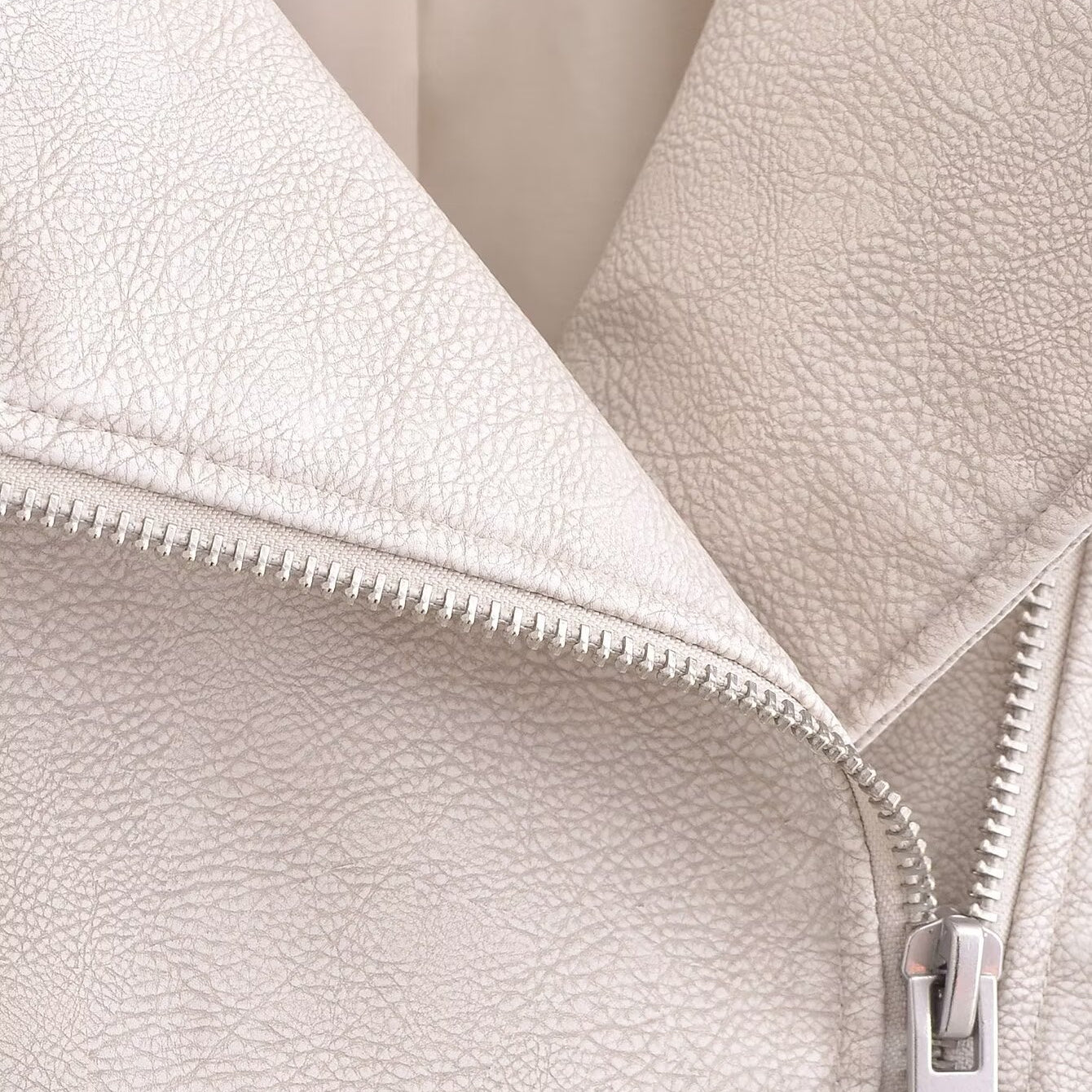 Retro washed faux leather jacket in white textured style with zipper detail