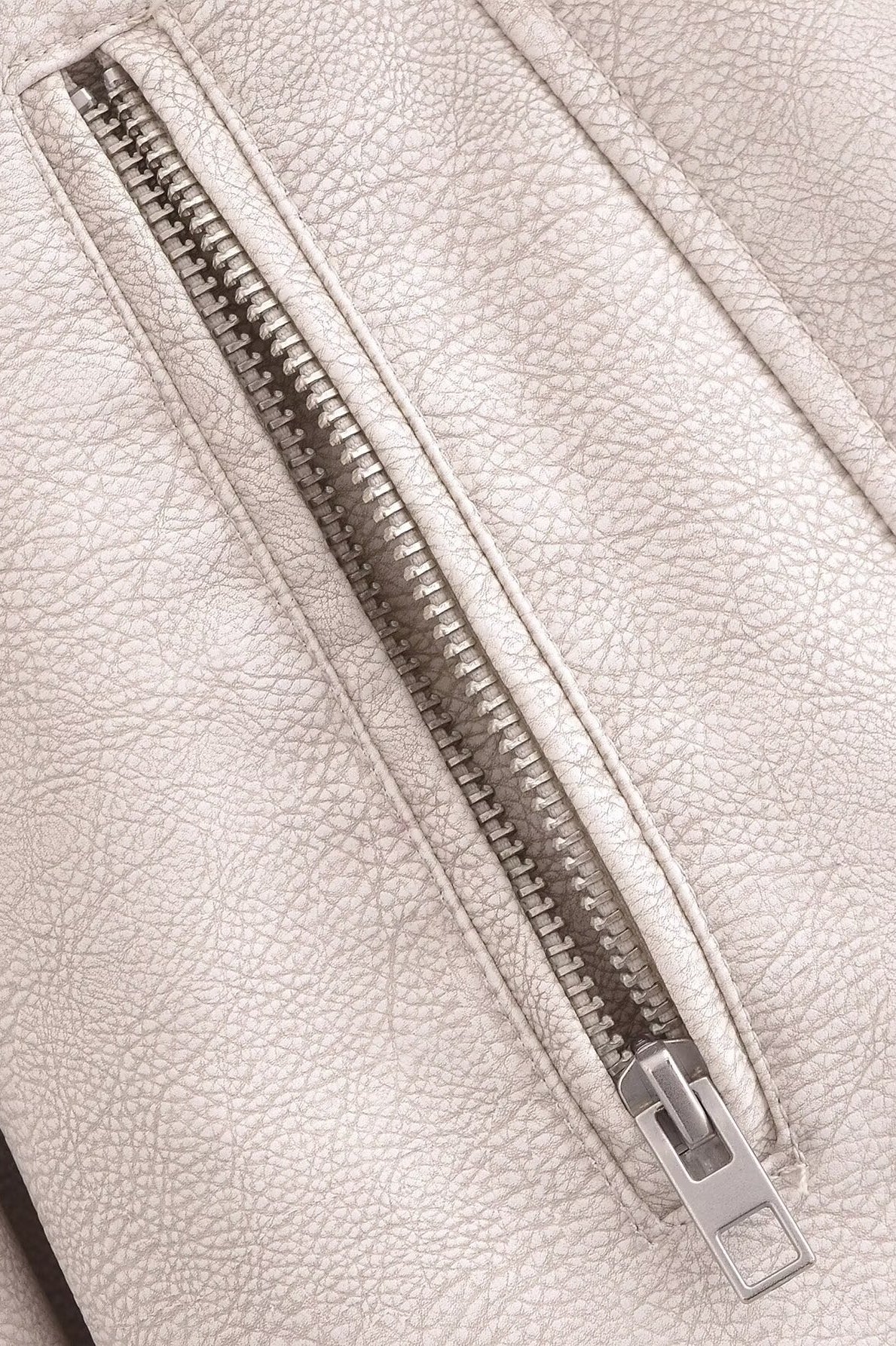 Silver zipper on retro washed faux leather jacket