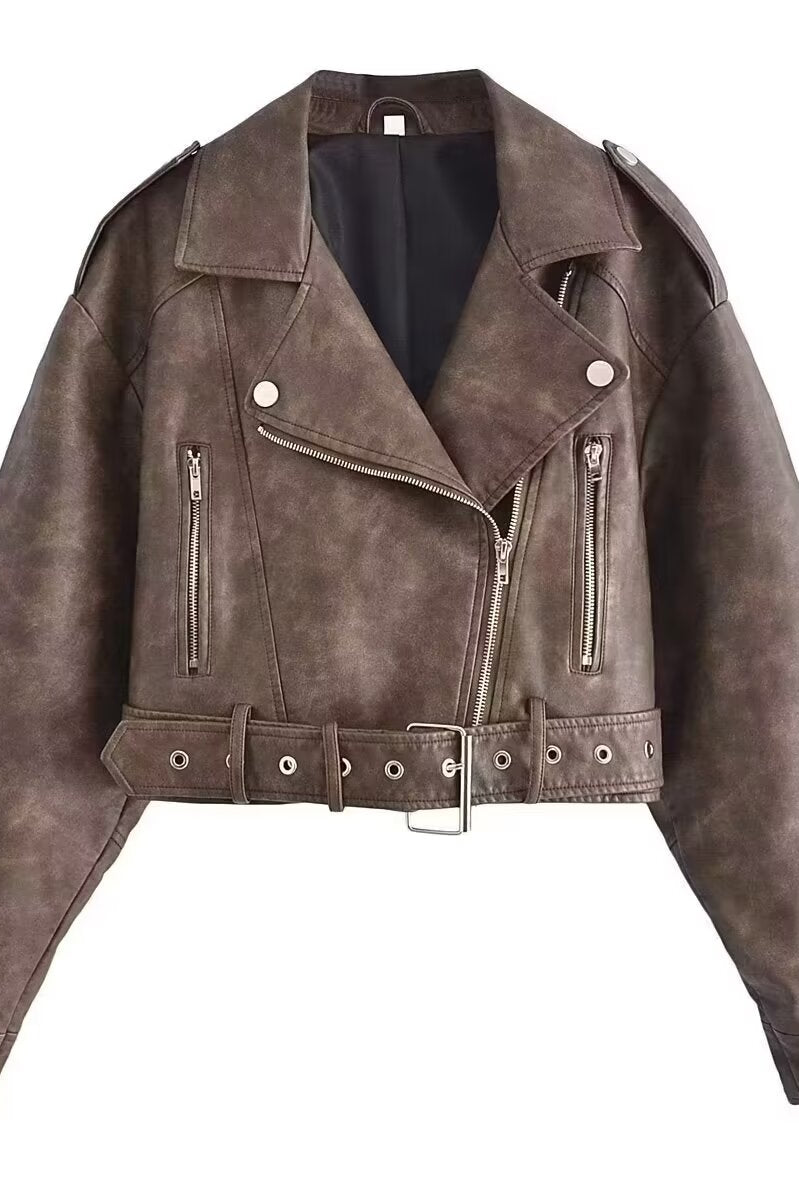 Retro washed faux leather jacket in brown suede with silver hardware and zipper details