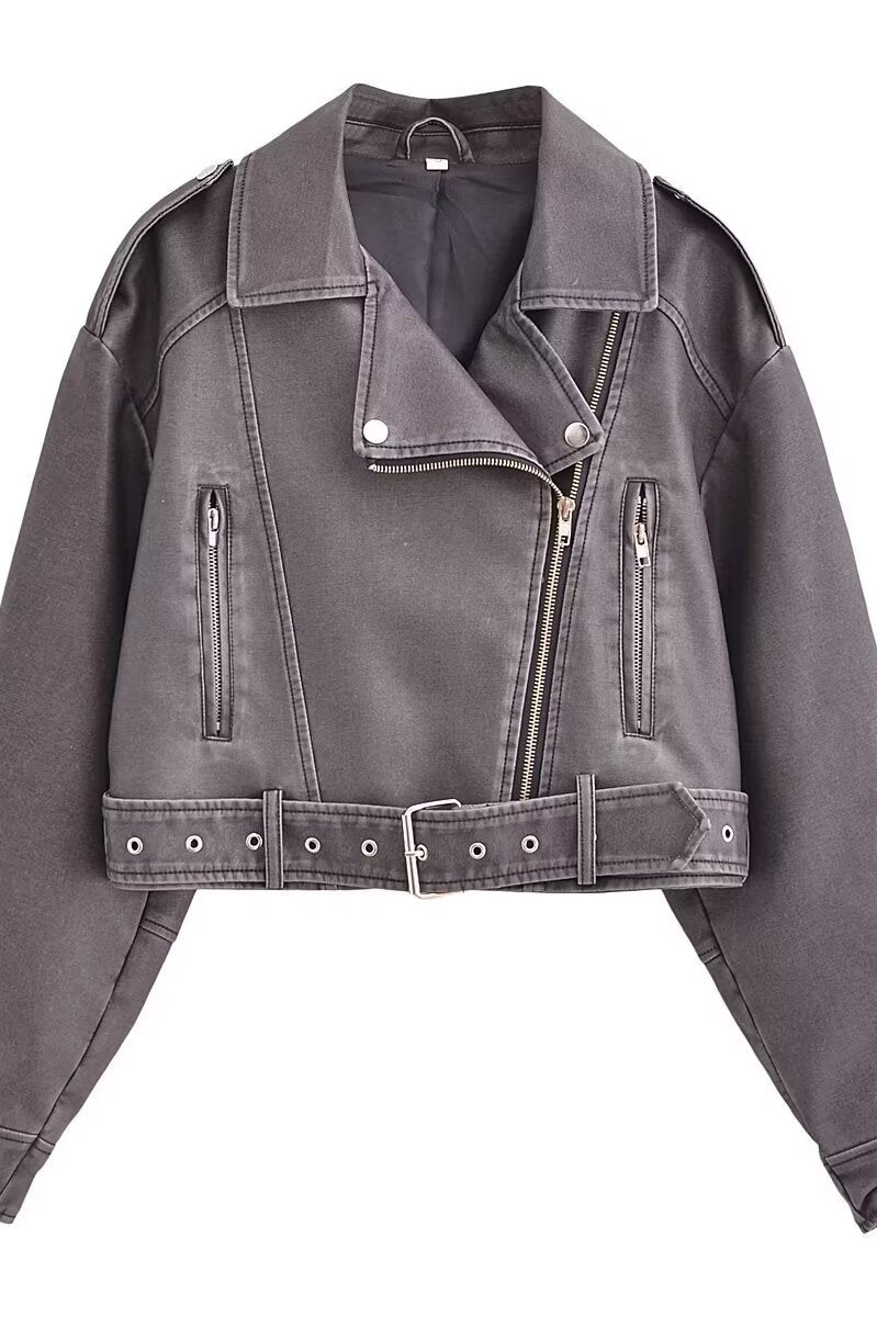 Retro washed faux leather jacket with black cropped biker style, zipper details, and belt