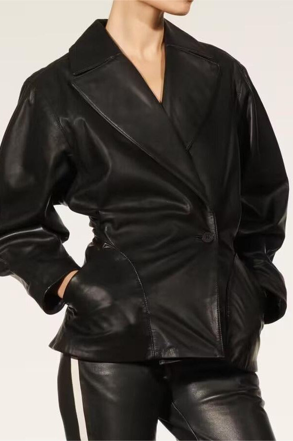 Langry faux leather Spring Street drawstring jacket in black wrap style