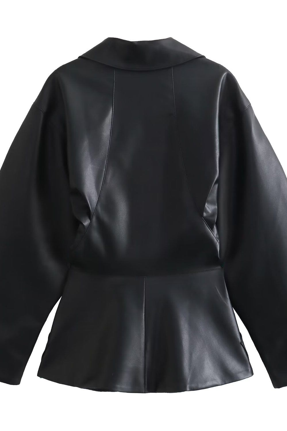 Langry faux leather peplum blazer with ruffled hem and double-breasted front