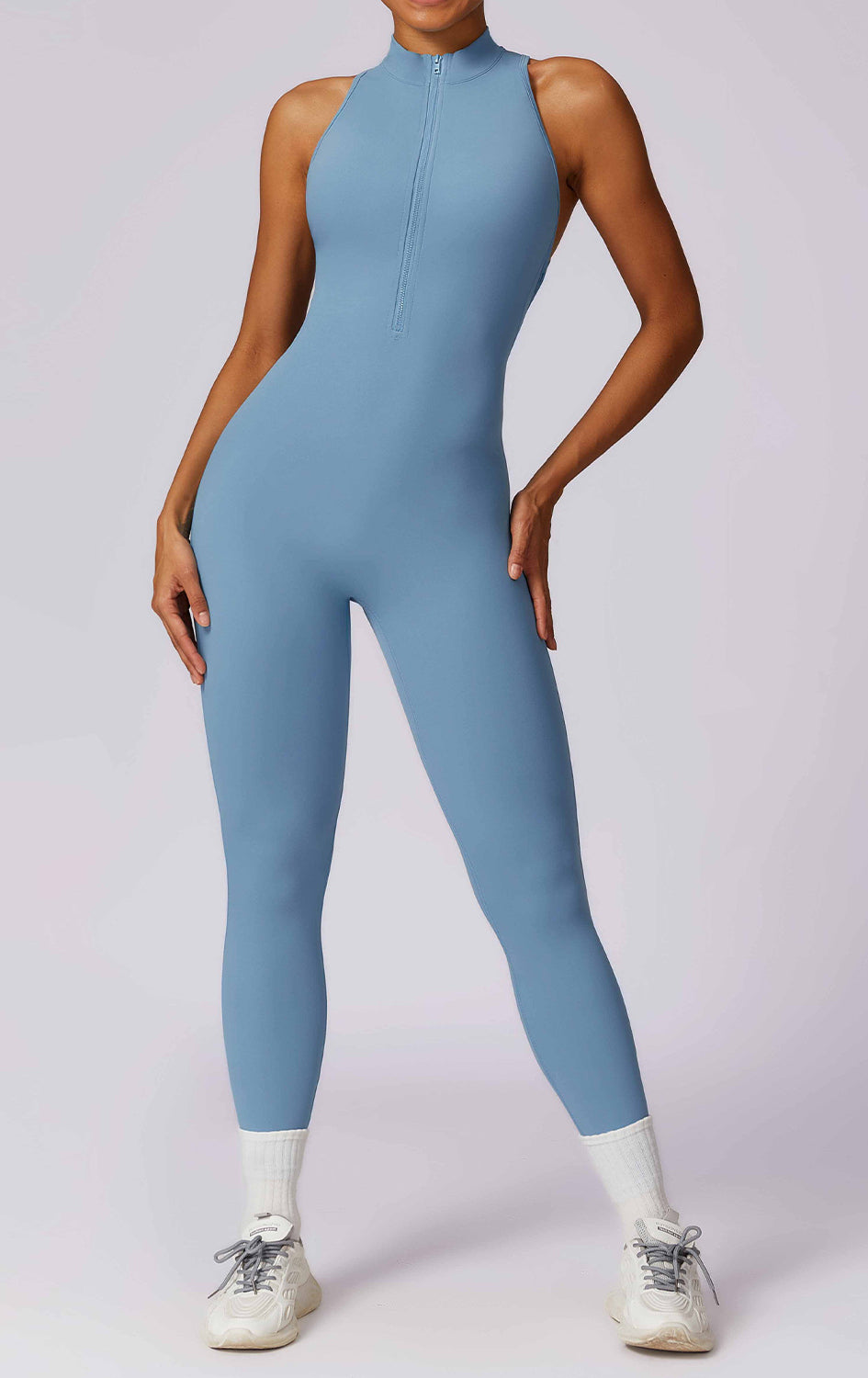 Sleek light blue Beauty Back Yoga Jumpsuit in langry fashion ملابس