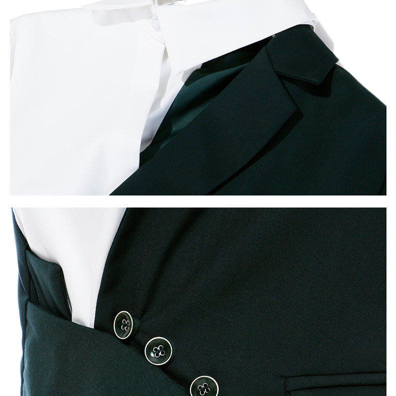 Green blazer with asymmetrical button closure for modern fashion enthusiasts