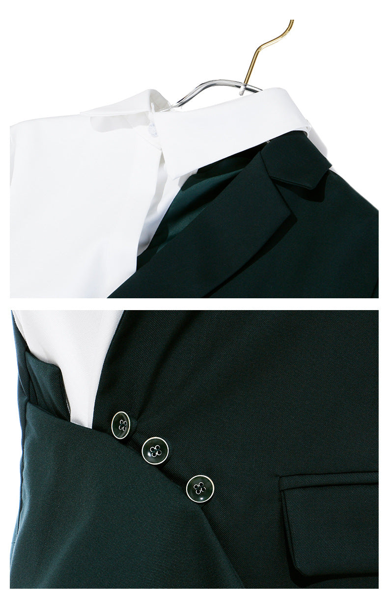 Green blazer with asymmetrical button closure for modern fashion enthusiasts