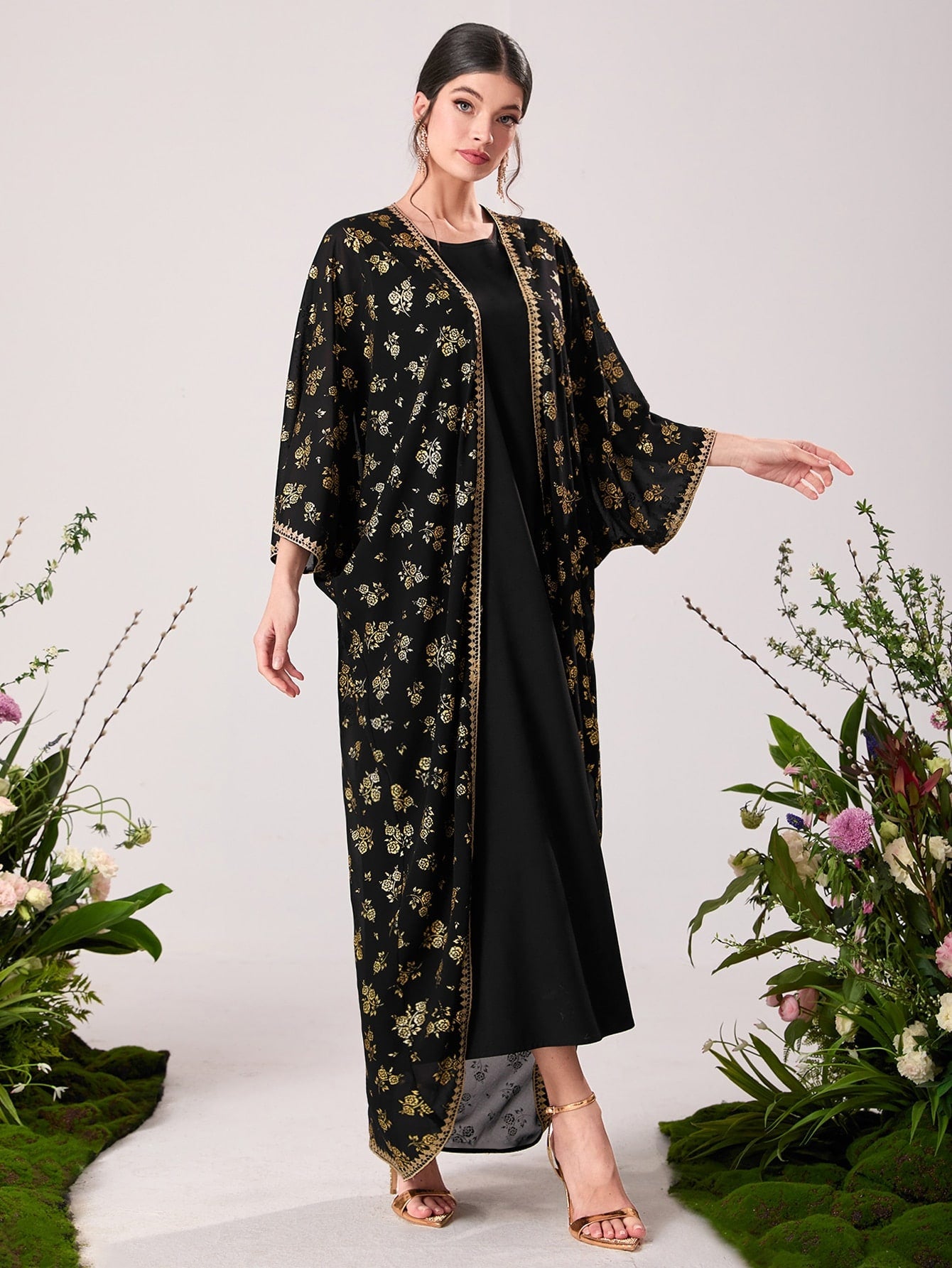 Elegant black floral kimono with gold trim in Langry fashion ملابس