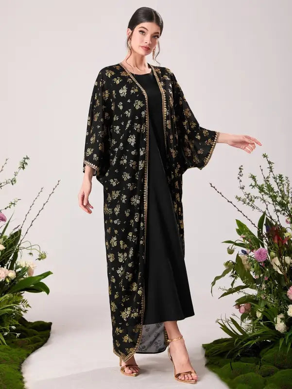 Black floral kimono with gold trim in langry fashion dress suit