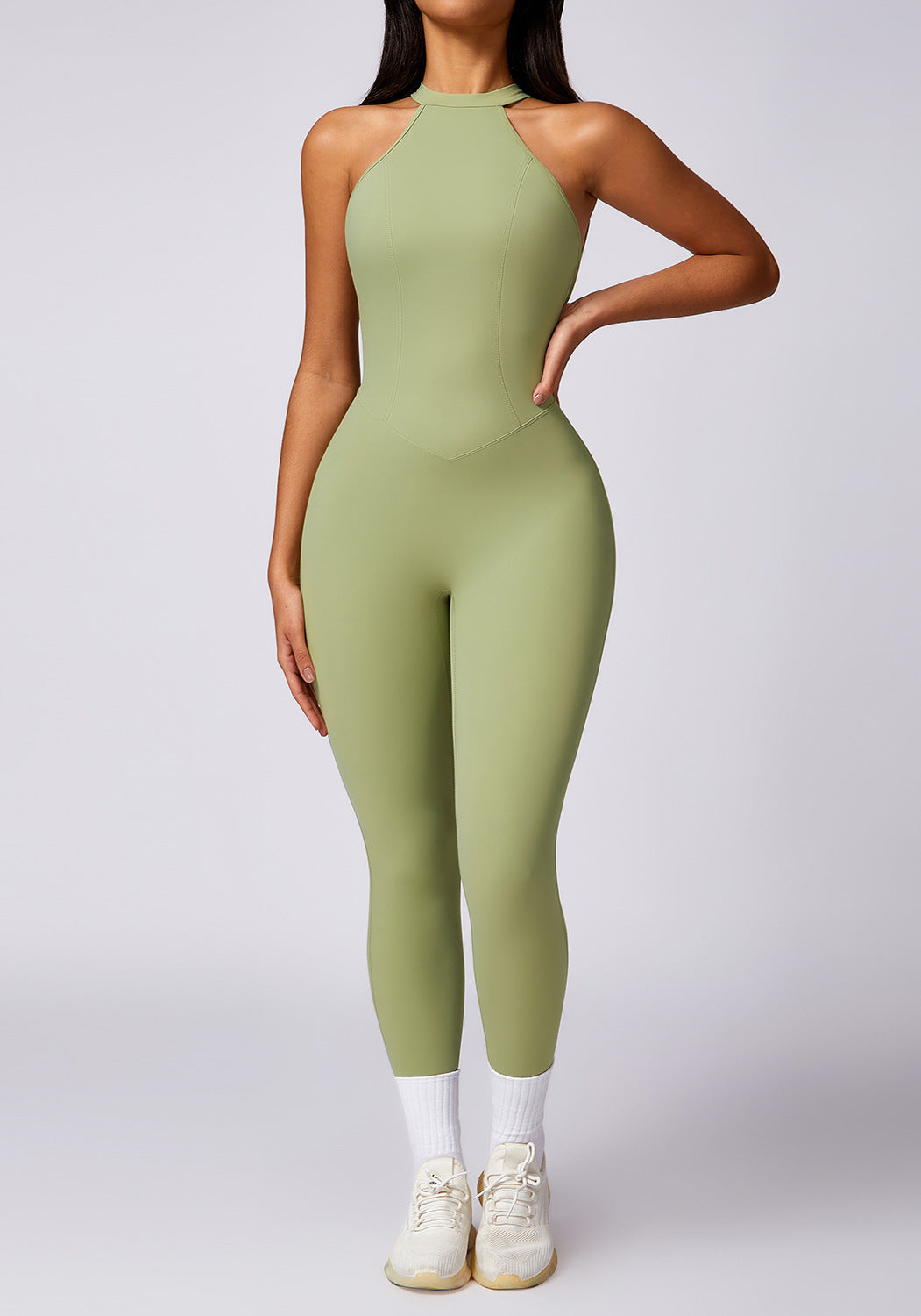 Sleek olive-green Langry fashion yoga jumpsuit for hip raise